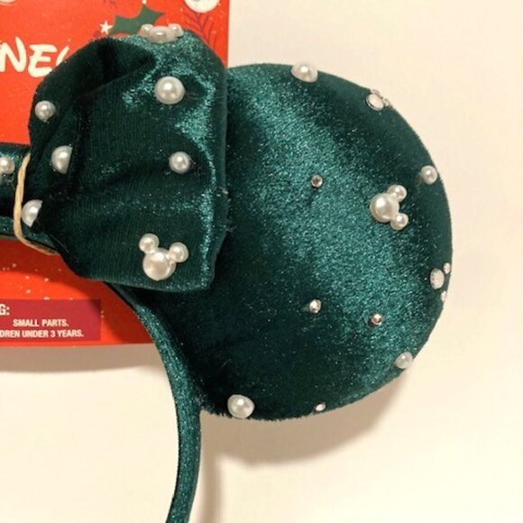 NWT Disney Minnie Mouse Holiday Christmas Ears Green Velvet Pearls Rhinestones - Picture 3 of 3